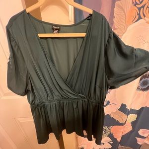 Torrid Teal Satin Wrap Blouse with Stretch Waist